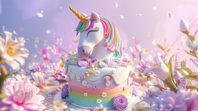 Enchanting pastel unicorn cake with rainbow mane and golden horn for festive celebrations birthday, banner