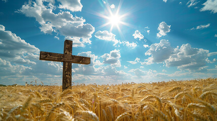 A Christian cross in a field of golden wheat under a summer sun, with a blue sky and fluffy white clouds, emphasizing bounty and providence.