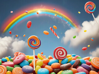 candies falling on the sky with rainbow