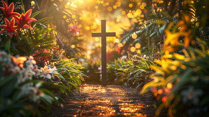 A Christian cross at the end of a lush garden path, with the setting sun creating a golden bokeh through the array of flowers and plants, leading the eye directly to the cross.