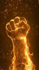 A superheros blazing fist emerges on a dark background