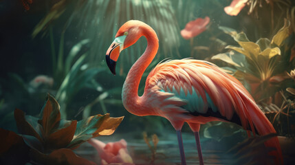 Pink Flamingo. Flamingo bird in tropical garden