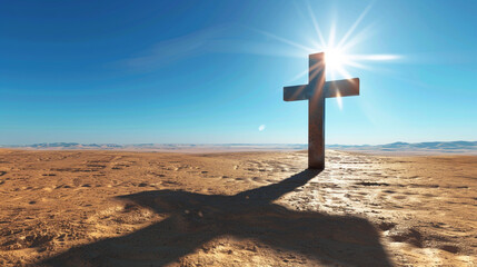 A Christian cross in a barren desert under a harsh midday sun, with a deep blue sky and the cross casting a sharp, long shadow on the sandy ground.
