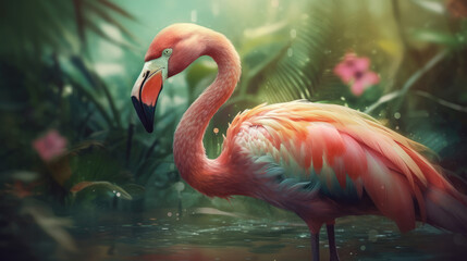 Pink Flamingo. Flamingo bird in tropical garden, closeup