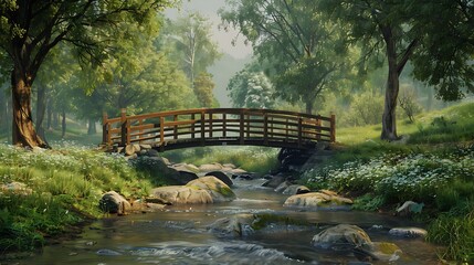 A serene countryside scene with a quaint wooden bridge crossing a babbling brook