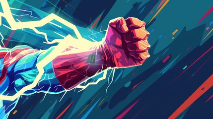 Superhero Superman charges lightning bolts in his fist, ready for action
