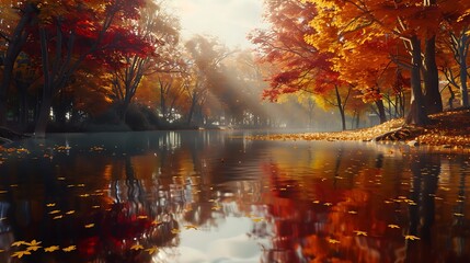A serene pond surrounded by vibrant autumn foliage, their reflections shimmering on the water's surface