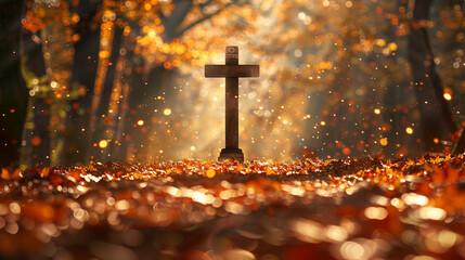 A Christian cross at the end of a long, wooded path, with sunlight streaming through the autumn leaves, casting scattered golden bokeh spots that create a pathway leading to the cross.