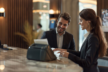 Smiling and beautiful receptionist behind the counter attend the guest standing at the reception desk in a modern hotel 