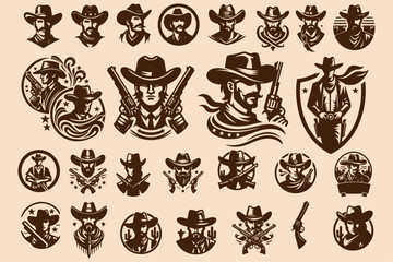 Vintage wanted logo modern cowboy western character person. Set cowboy logo, black and white, emblem or graphic design. wild west vector illustration