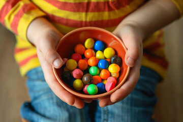 Close-up bowl with a colorful candy in kid's hands. AI generative
