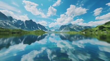 A tranquil lake reflecting the azure sky and surrounding mountains like a mirror