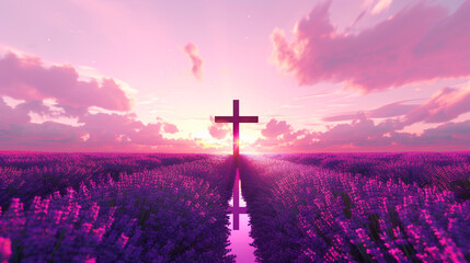A Christian cross at the center of a lavender field during sunset, with the sky transitioning from pink to purple, reflecting the colors of the field and illuminating the cross from behind.