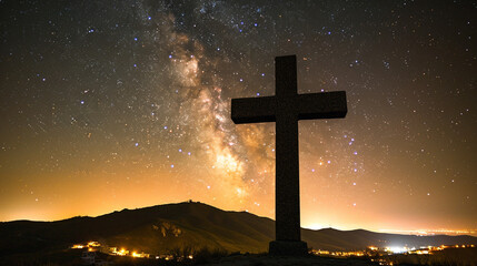 A Christian cross on a hill during a starry night, with a nearby town's lights creating a golden bokeh effect in the distance, adding depth and warmth to the celestial scene.