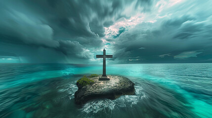 A Christian cross on a small island, viewed from above, with a perfect circle of clear blue water around it and a dramatic sky of moving storm clouds.