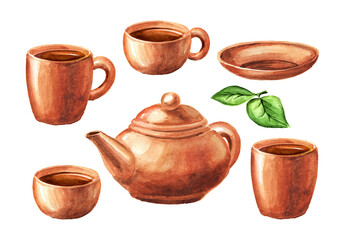 Terracotta clay tea set with teapot, mug, cup and saucer. Hand drawn watercolor illustration isolated on white background