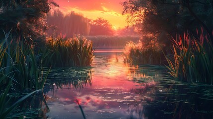 A tranquil pond surrounded by towering reeds, reflecting the vibrant colors of sunset
