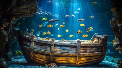 Sunlit gold among fish on ocean floor - underwater treasure in the glowing sunlight