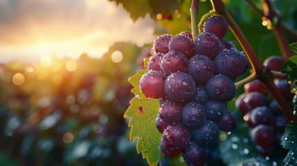 Golden sunset illuminating dew-covered grapes on the vine with a blurred background