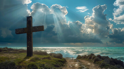 A Christian cross on a coastal path, with a stormy sea in the background and dramatic clouds parting just enough for beams of sunlight to highlight the cross.