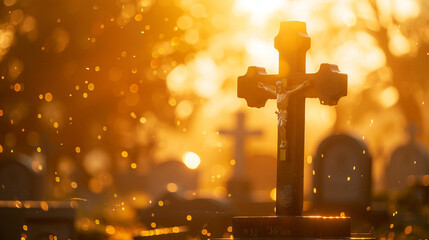 A Christian cross at a cemetery with the early morning sun creating a serene golden bokeh effect through the mist, adding a layer of peace and solemnity to the scene.