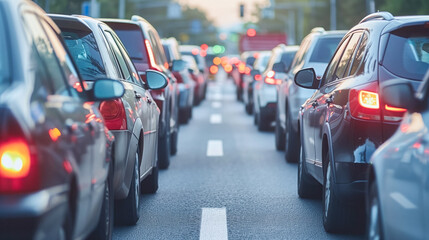 A woman confidently driving her car through bustling city streets during rush hour traffic, focused and composed behind the wheel