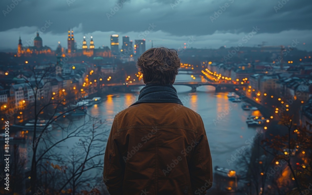 Poster a man stands on a bridge overlooking a city with a river below. the city is lit up at night, creatin