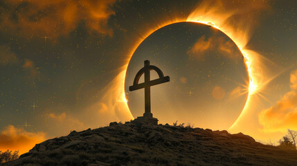 A Christian cross on a hill during a solar eclipse, with the corona of the sun framing the cross, creating a powerful and awe-inspiring image of celestial events and spiritual symbols.