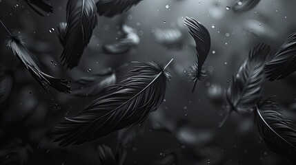 Black feathers floating in the air on a dark background.