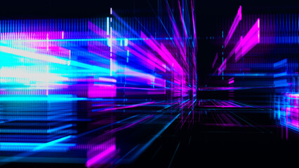 Abstract techno background. Three-dimensional composition of intersecting multi-colored grids. Information technology concept. Digital cyberspace with particles. 3d rendering.