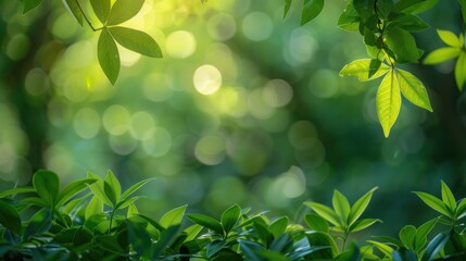 Green Blurred bokeh with soft spring green leafs as frame and free space for text,