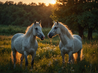 Obraz premium Majestic White Horse in Sunlit Pasture at Sunset