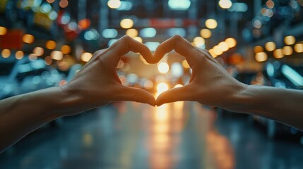 Hands of Salesman making shapes heart at modern car showroom,