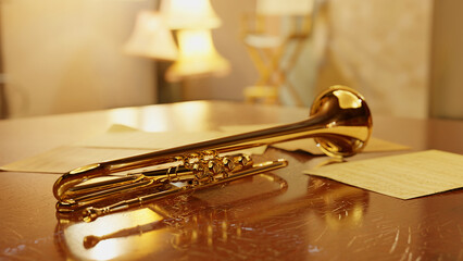 Obraz premium 3D-generated trumpet laying on a table after a performance&nbsp;