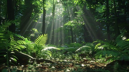 Sunlight filtering through dense foliage, casting dappled shadows on the forest floor - Powered by Adobe