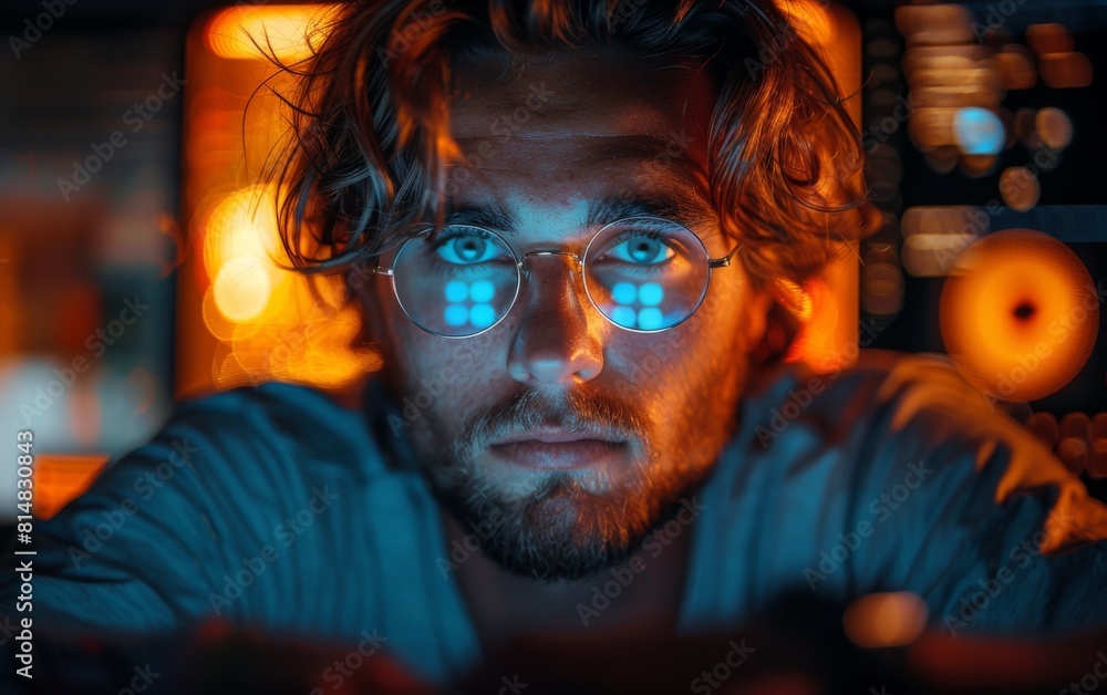 Poster a man with glasses is looking at the camera. the image has a warm, inviting mood. the man's facial e
