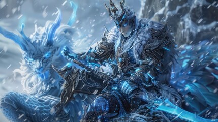 Blue-eyed Frozen Demon Emperor in an ice warrior outfit holds an ice sword and sits on the back of an ice ghost dragon.