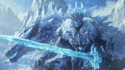 Blue-eyed Frozen Demon Emperor in an ice warrior outfit holds an ice sword and sits on the back of an ice ghost dragon.