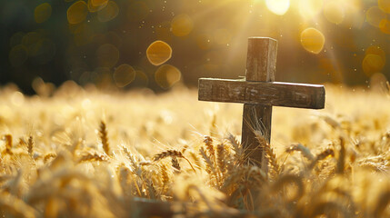 A Christian cross in a field of barley at harvest time, with the afternoon sun casting a warm golden bokeh through the swaying heads of barley, evoking a sense of abundance and gratitude.
