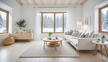 Fototapeta premium Bright, cozy living room with a white sofa, large window with snowy view, light wooden furniture, and minimalist decor, creating a serene, inviting space.