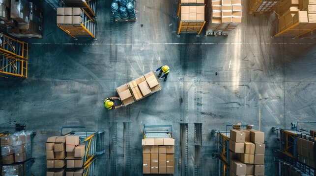 the bustling activity within a warehouse as workers navigate among towering shelves filled with cardboard boxes, seen from a distant aerial perspective.