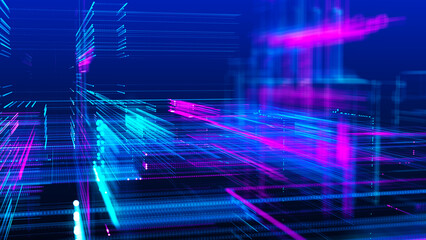 Abstract techno background. Three-dimensional composition of intersecting multi-colored grids. Information technology concept. Digital cyberspace with particles. 3d rendering.