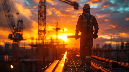 construction worker in safety suit and helmet carrying steel on shoulder walking on a steel frame with a crane in the background and sunlight in the morning sky
