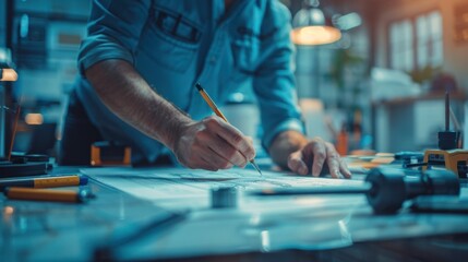 Fototapeta premium Professional Engineers teams working drawing on blueprint, meeting for project on model building and engineering tools in modern office