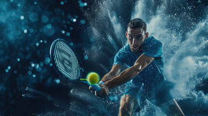 Professional tennis player hitting a tennis ball with his racquet. He has a determined look on his face, and he is clearly focused on the ball. The ball is coming towards him at high speed