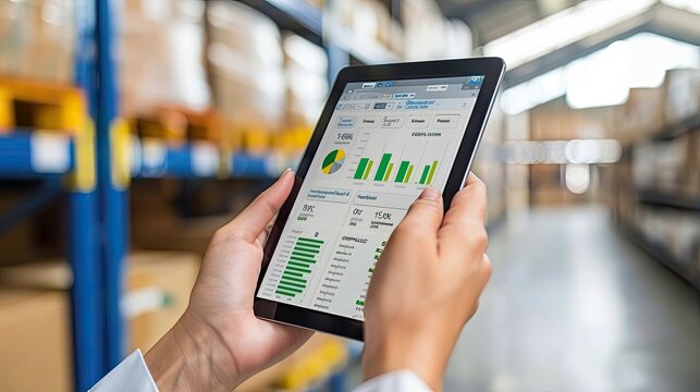 the hand of a warehouse worker operates a tablet, managing a digital construction system with a dashboard, against the backdrop of storage shelves in a bustling commercial warehouse.