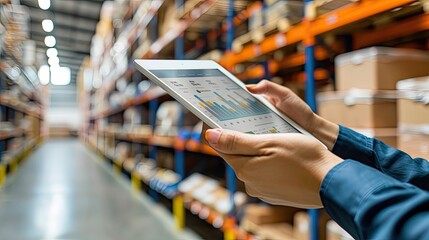 the hand of a warehouse worker operates a tablet, managing a digital construction system with a dashboard, against the backdrop of storage shelves in a bustling commercial warehouse.
