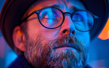A man with glasses and a hat is looking at the camera. The image has a moody and mysterious feel to it, as the man's gaze seems to be focused on something beyond the frame