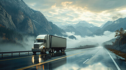 Truck with transporting frozen cargo in refrigerated semi trailer moving on the road along mountains.