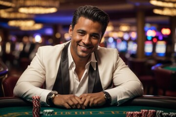 male croupier at gambling table in Casino with coins